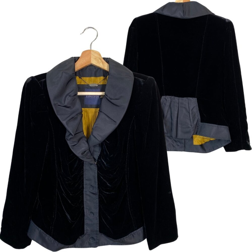 Vintage Magaschoni Women's Size 6 Velvet Silk Puff Collar Blazer Jacket Black